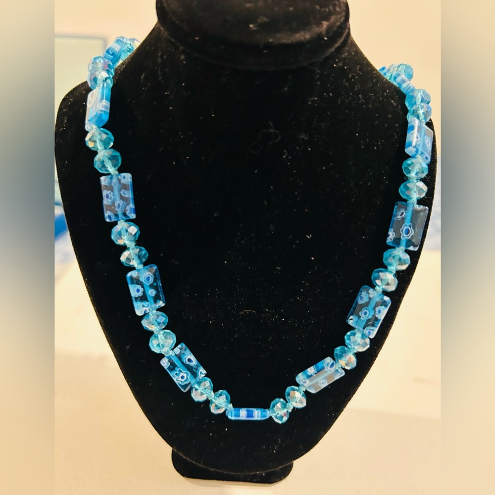 Elegant Blue Beaded Marano Glass Style Necklace